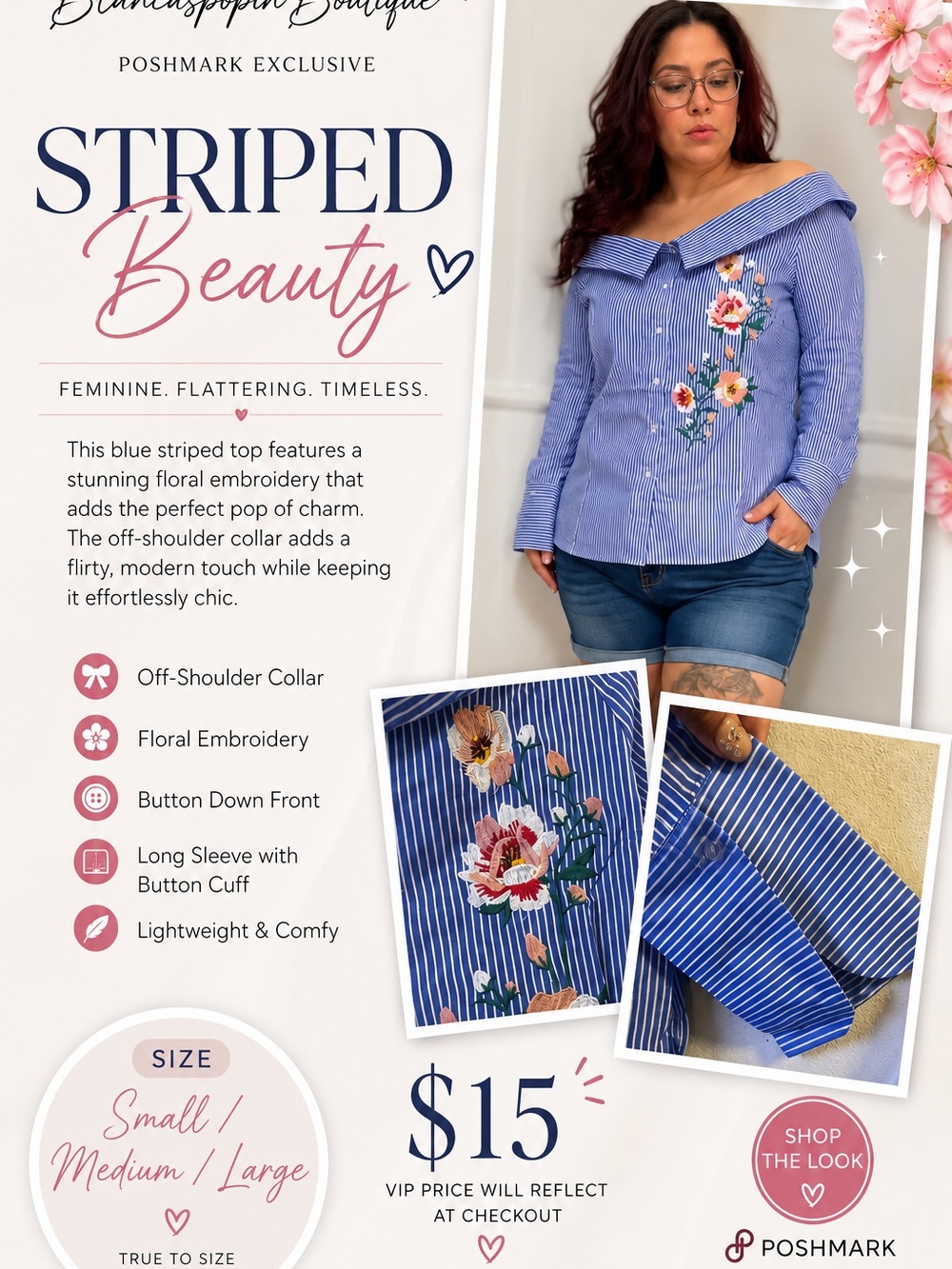 Haute Monde Blue Striped Off-Shoulder Button-Down Top with Floral Embroidery